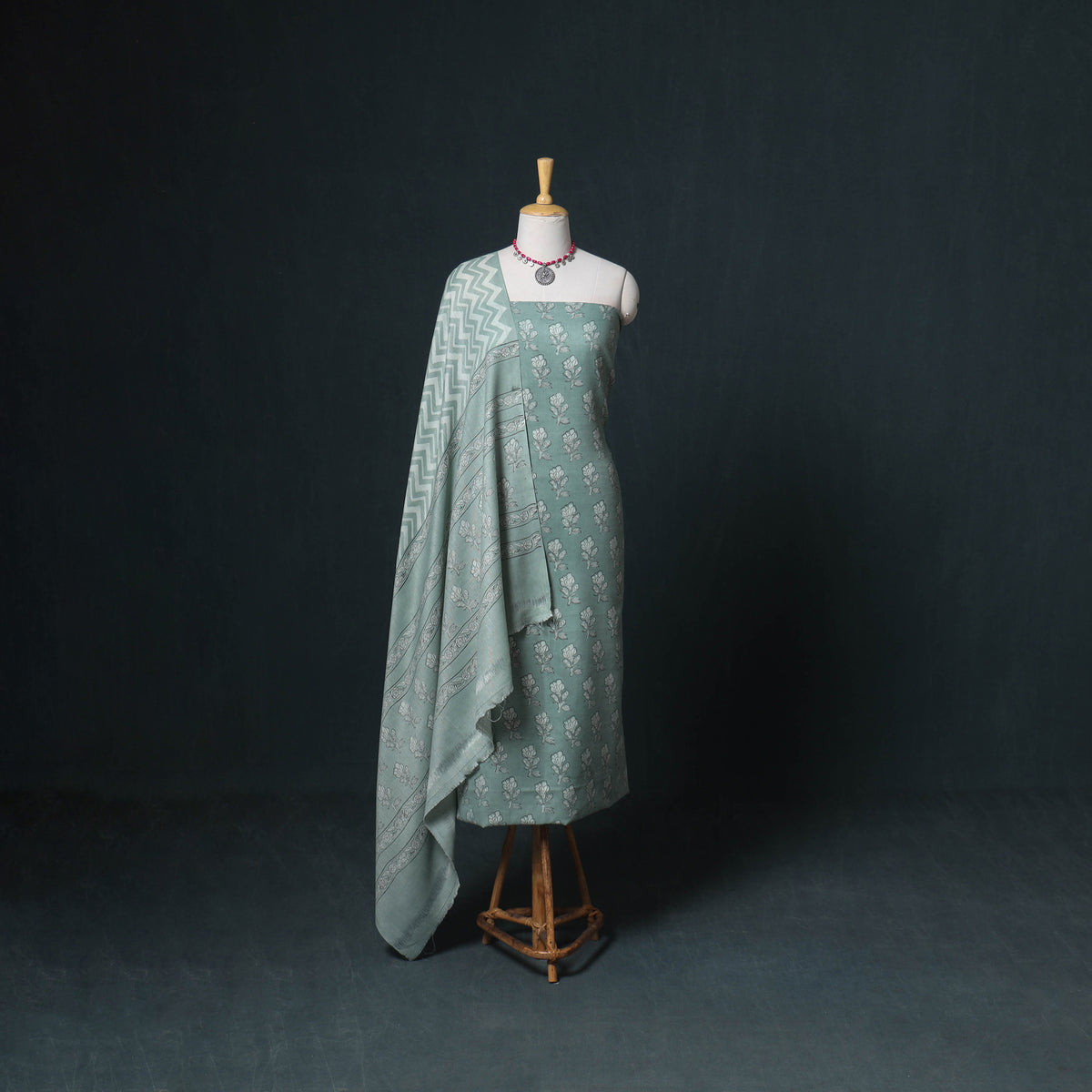 Akola Hand Block Print Woolen Unstitched Dress Material: Kurta, Bottom with Dupatta 17