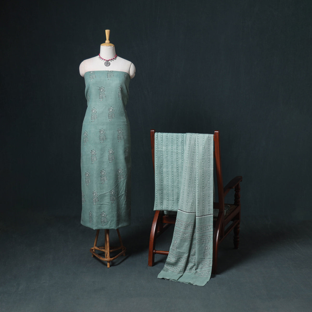 Akola Hand Block Print Woolen Unstitched Dress Material: Kurta, Bottom with Dupatta 18