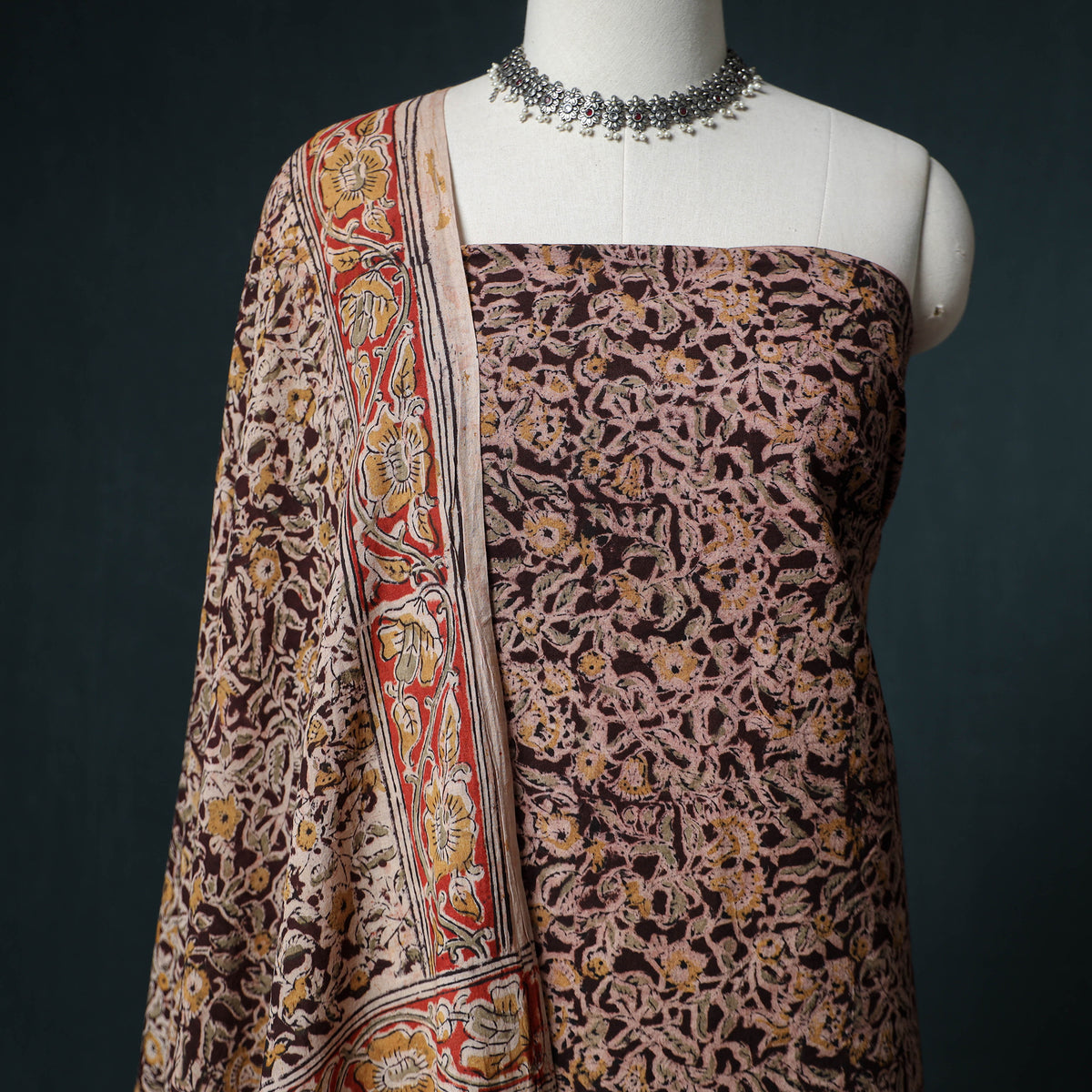 Pedana Hand Block Print Natural Dyed Cotton Kalamkari Unstitched Dress Material: Kurta with Dupatta 19