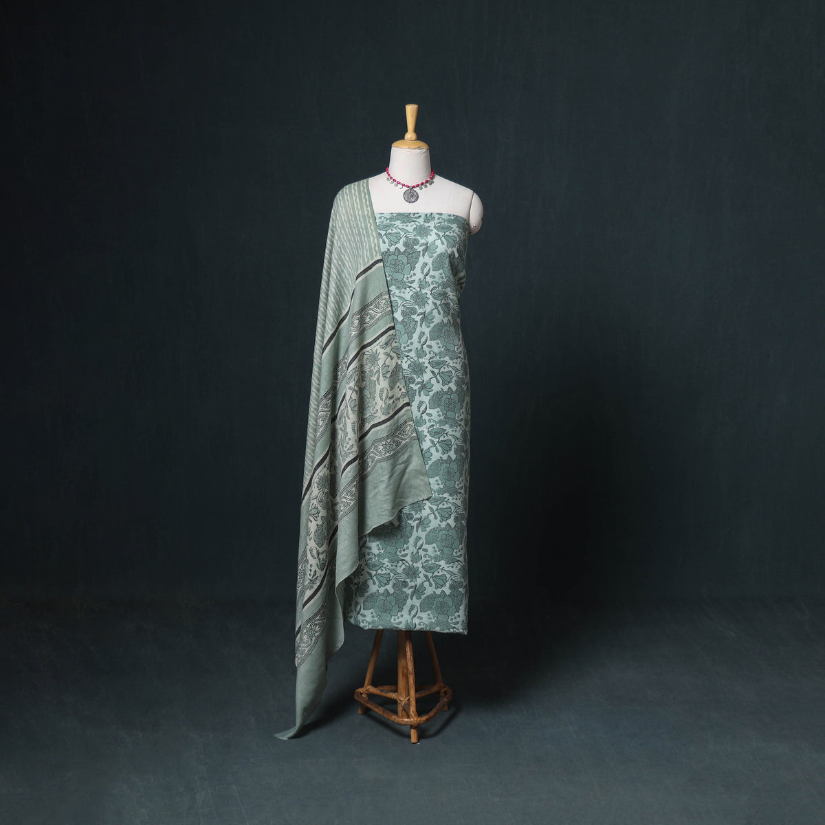 Akola Hand Block Print Woolen Unstitched Dress Material: Kurta, Bottom with Dupatta 20