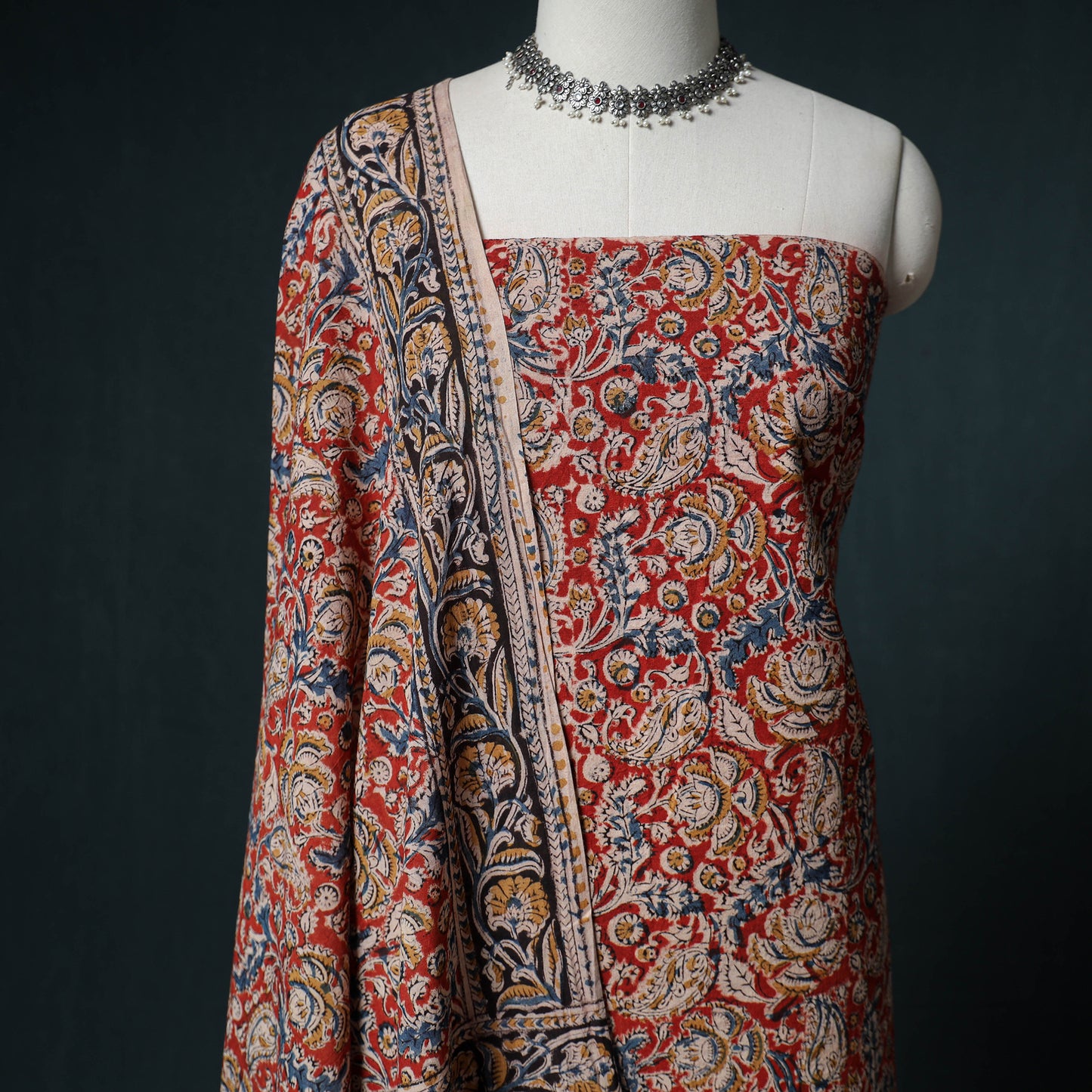Pedana Hand Block Print Natural Dyed Cotton Kalamkari Unstitched Dress Material: Kurta with Dupatta 21