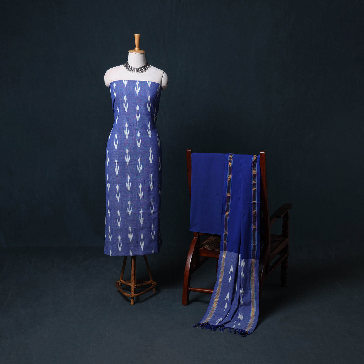 Pochampally Ikat Cotton Unstitched Dress Material: Kurta, Bottom with Dupatta 01