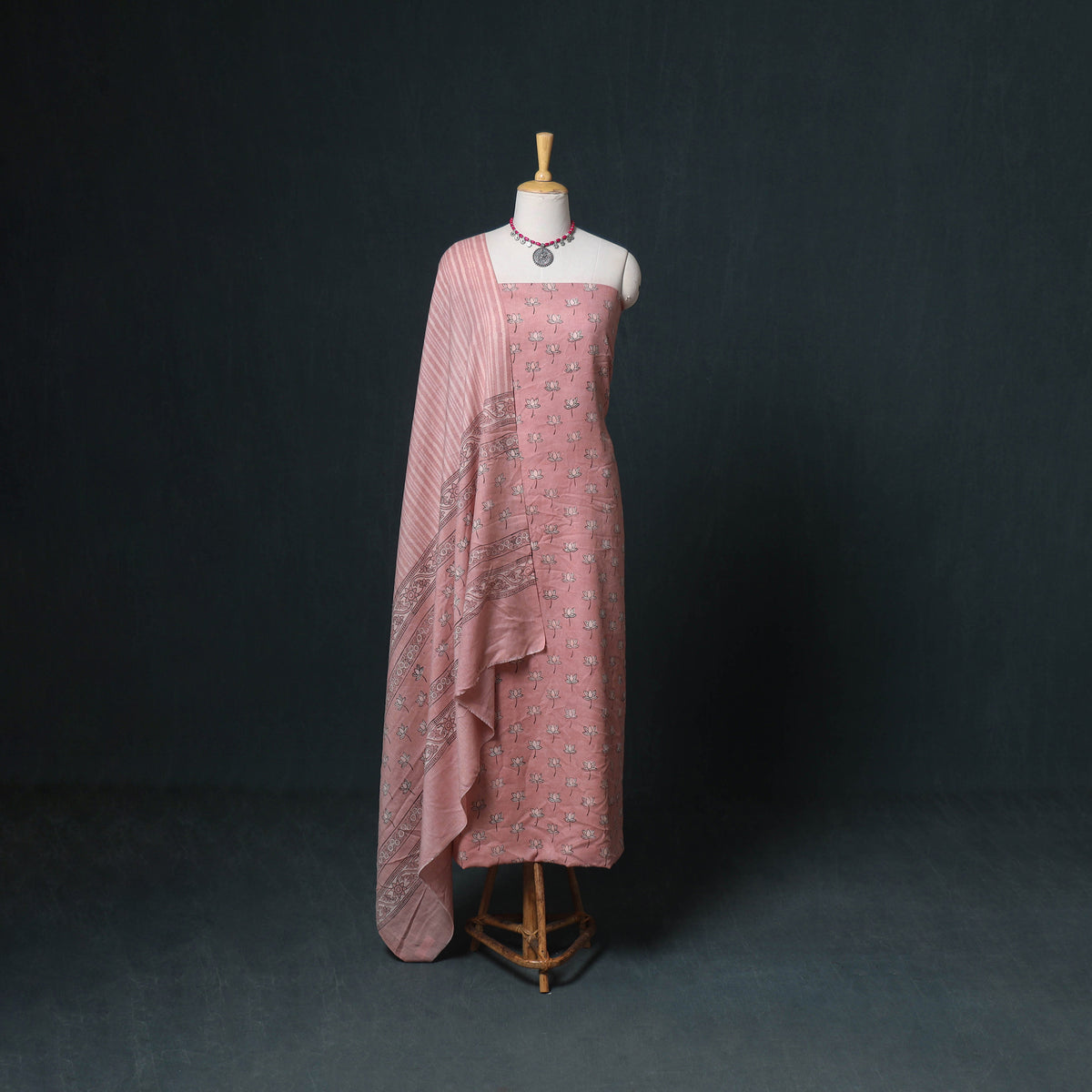 Akola Hand Block Print Woolen Unstitched Dress Material: Kurta, Bottom with Dupatta 21