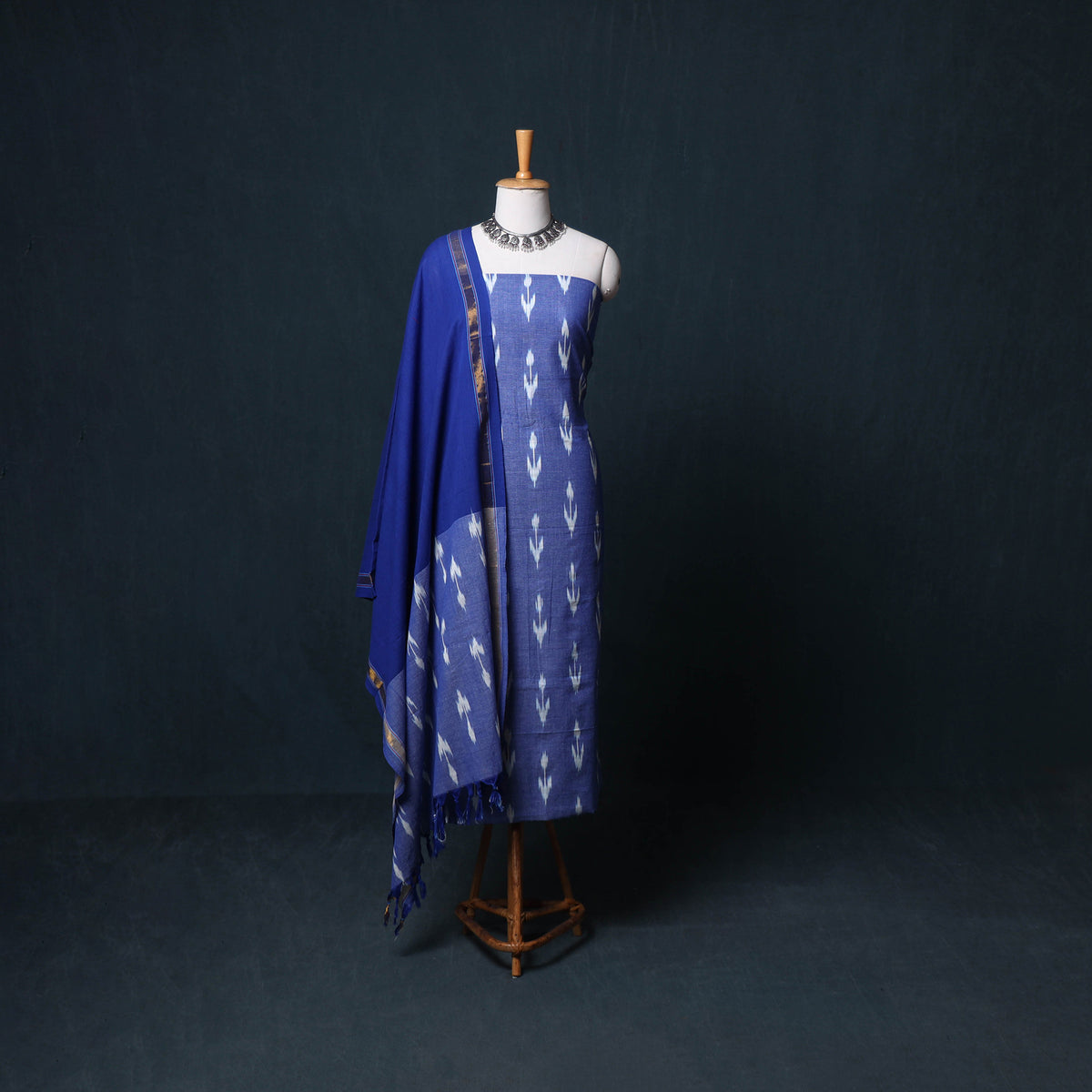 Pochampally Ikat Cotton Unstitched Dress Material: Kurta, Bottom with Dupatta 01