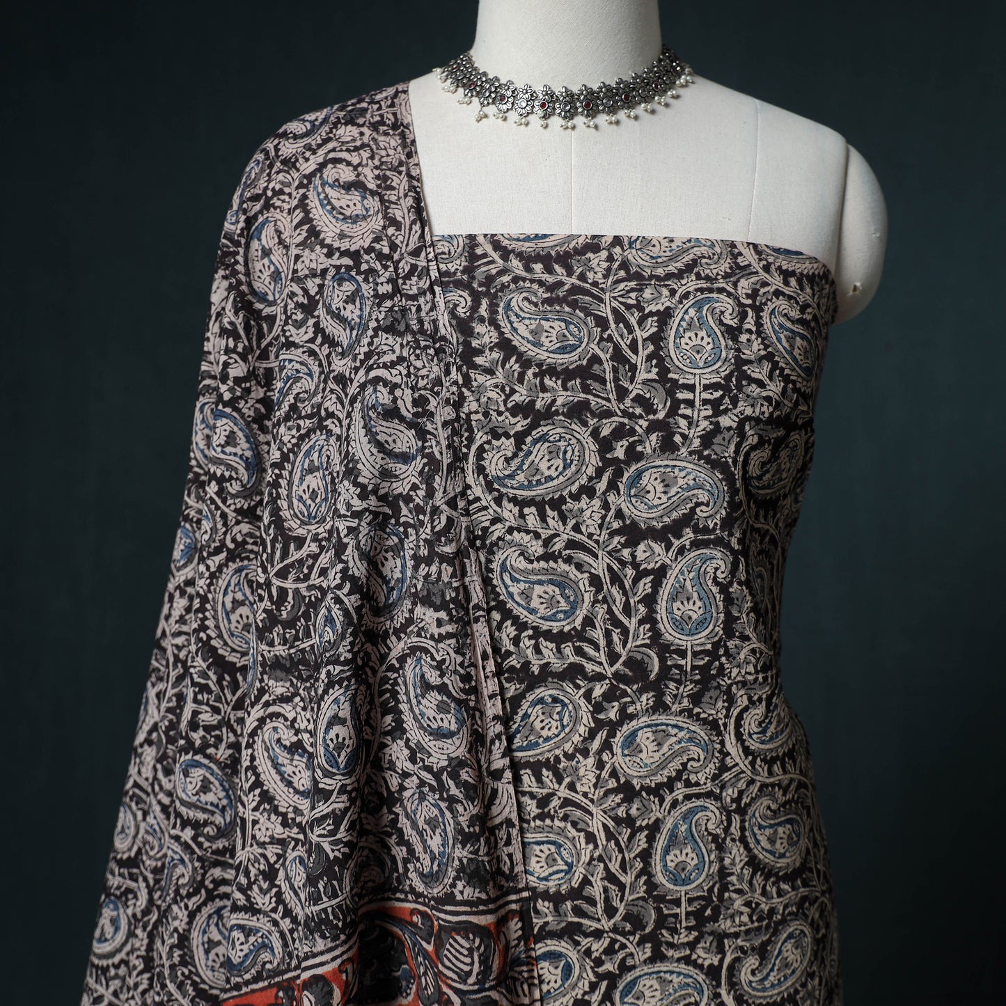 Pedana Hand Block Print Natural Dyed Cotton Kalamkari Unstitched Dress Material: Kurta with Dupatta 22