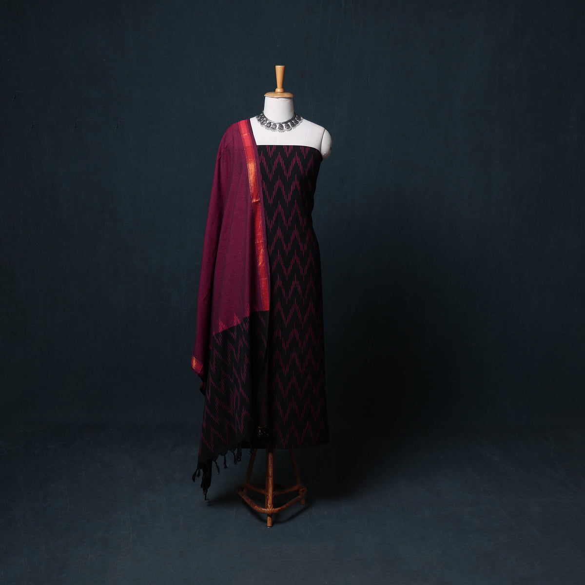 Pochampally Ikat Cotton Unstitched Dress Material: Kurta, Bottom with Dupatta 02