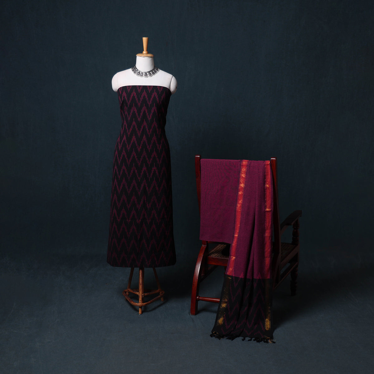 Pochampally Ikat Cotton Unstitched Dress Material: Kurta, Bottom with Dupatta 02