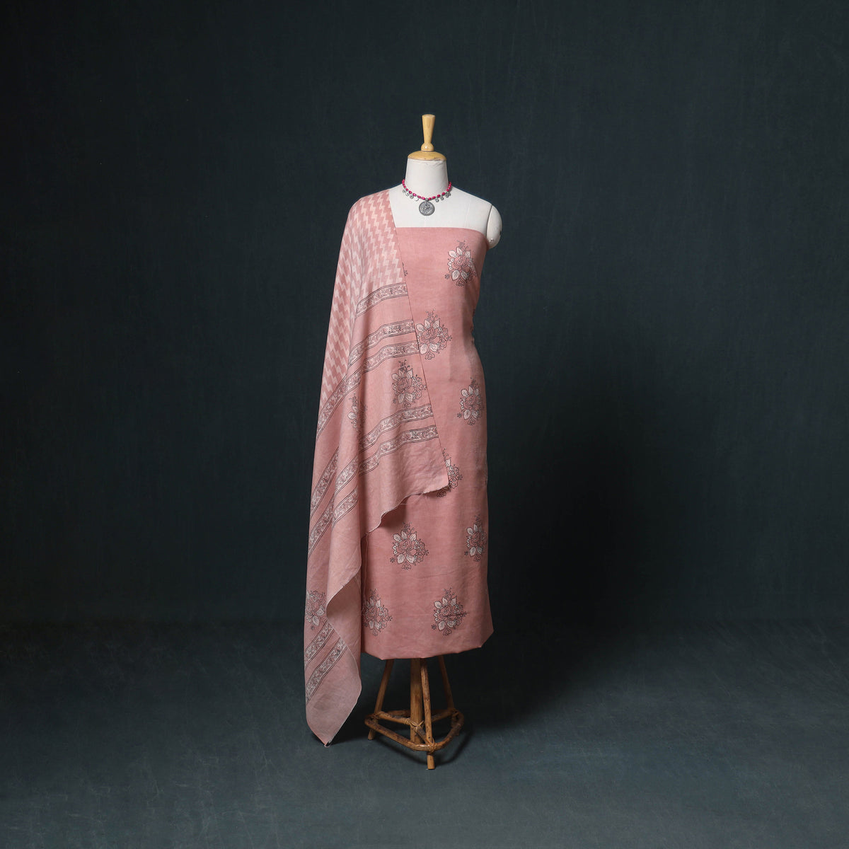 Akola Hand Block Print Woolen Unstitched Dress Material: Kurta, Bottom with Dupatta 24