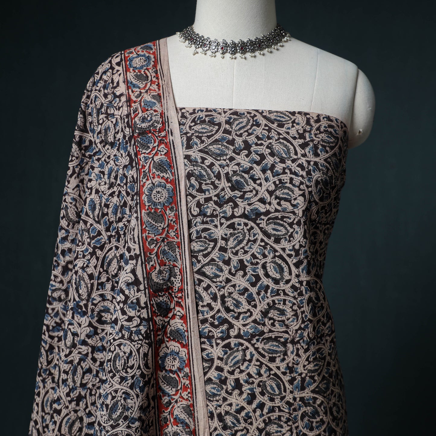 Pedana Hand Block Print Natural Dyed Cotton Kalamkari Unstitched Dress Material: Kurta with Dupatta 24
