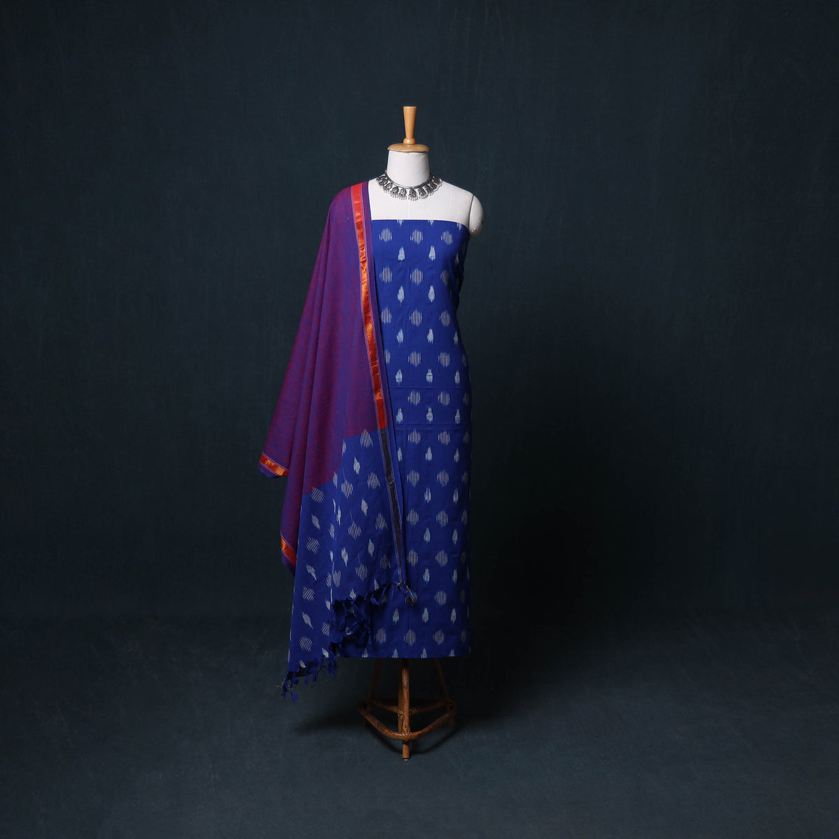 Pochampally Ikat Cotton Unstitched Dress Material: Kurta, Bottom with Dupatta 04