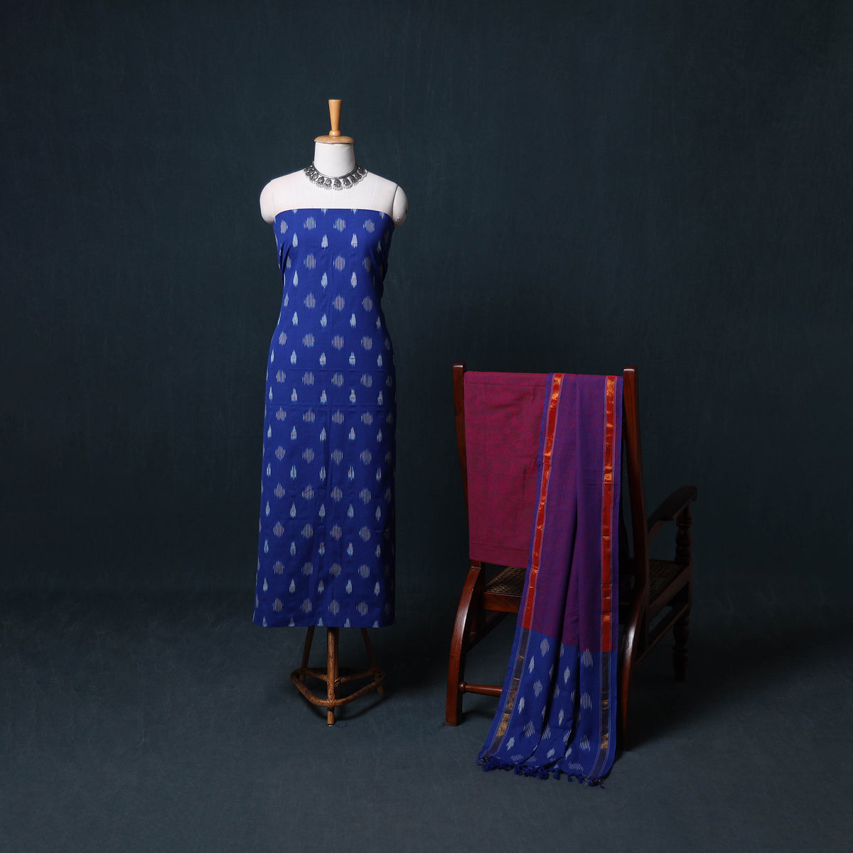 Pochampally Ikat Cotton Unstitched Dress Material: Kurta, Bottom with Dupatta 04