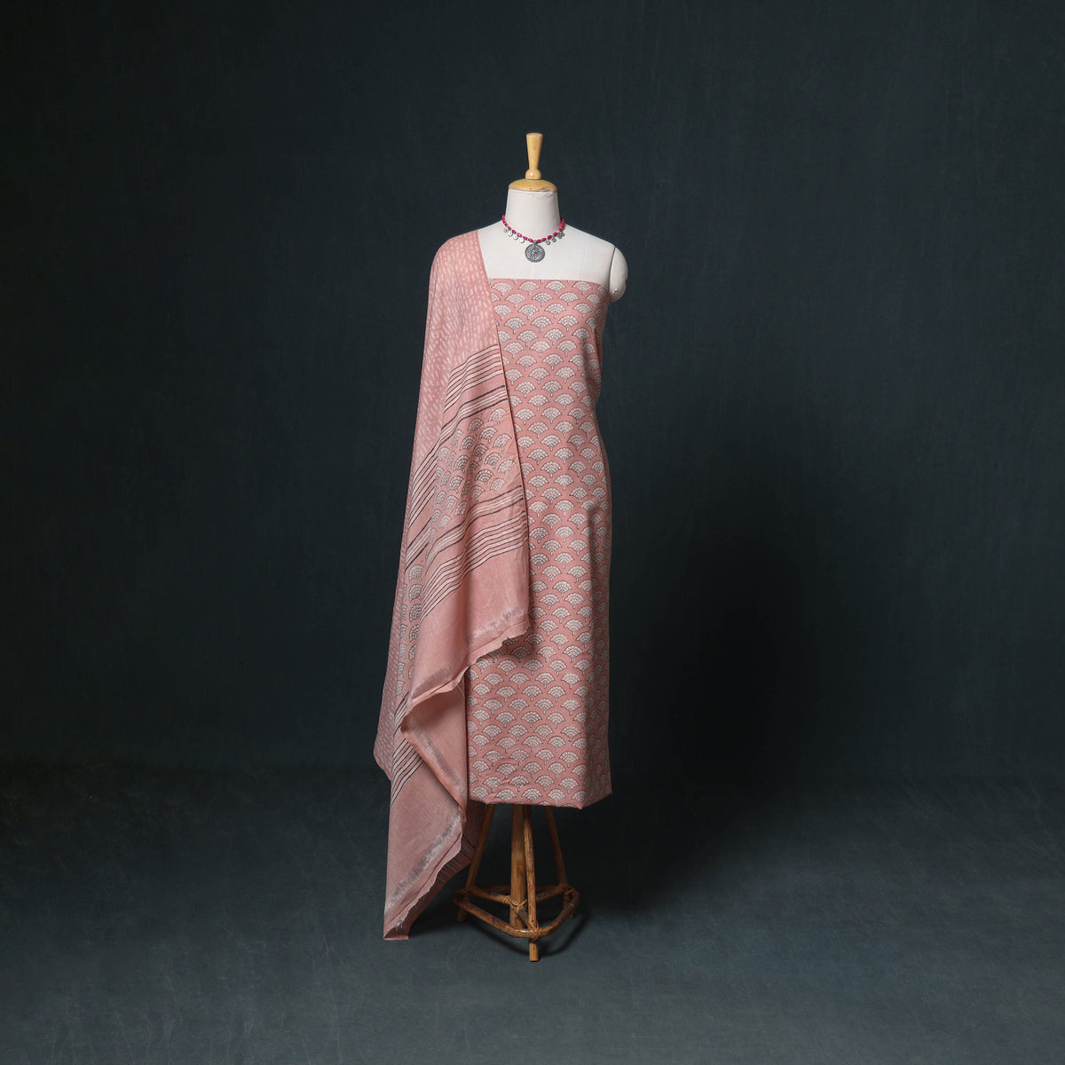 Akola Hand Block Print Woolen Unstitched Dress Material: Kurta, Bottom with Dupatta 25