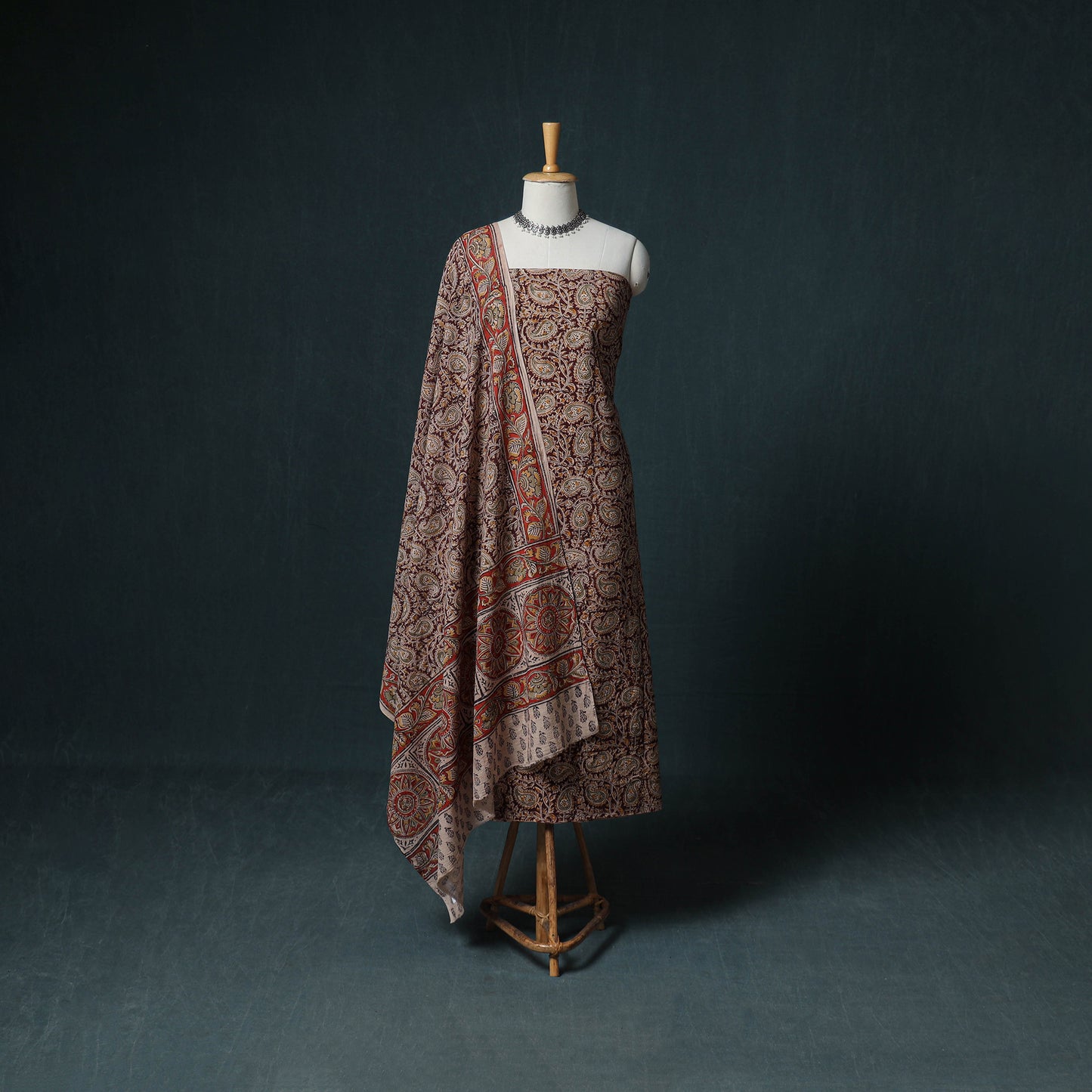 Pedana Hand Block Print Natural Dyed Cotton Kalamkari Unstitched Dress Material: Kurta with Dupatta 27