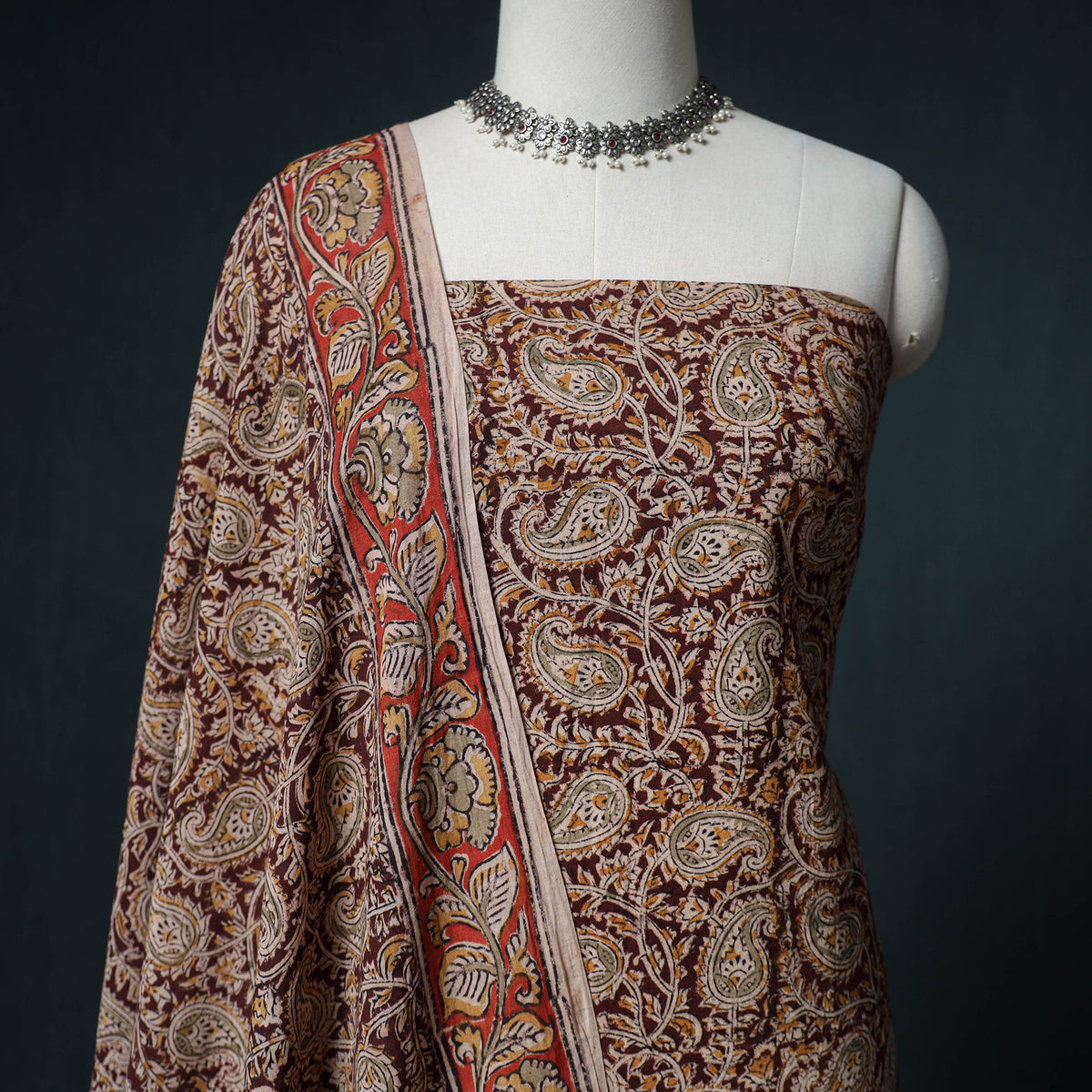 Pedana Hand Block Print Natural Dyed Cotton Kalamkari Unstitched Dress Material: Kurta with Dupatta 27