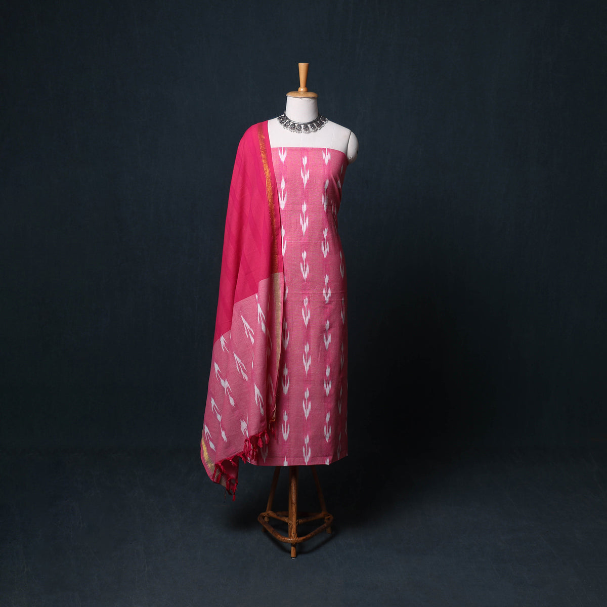Pochampally Ikat Cotton Unstitched Dress Material: Kurta, Bottom with Dupatta 06