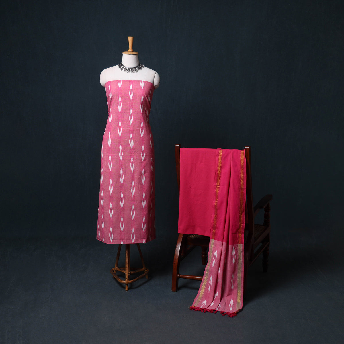 Pochampally Ikat Cotton Unstitched Dress Material: Kurta, Bottom with Dupatta 06