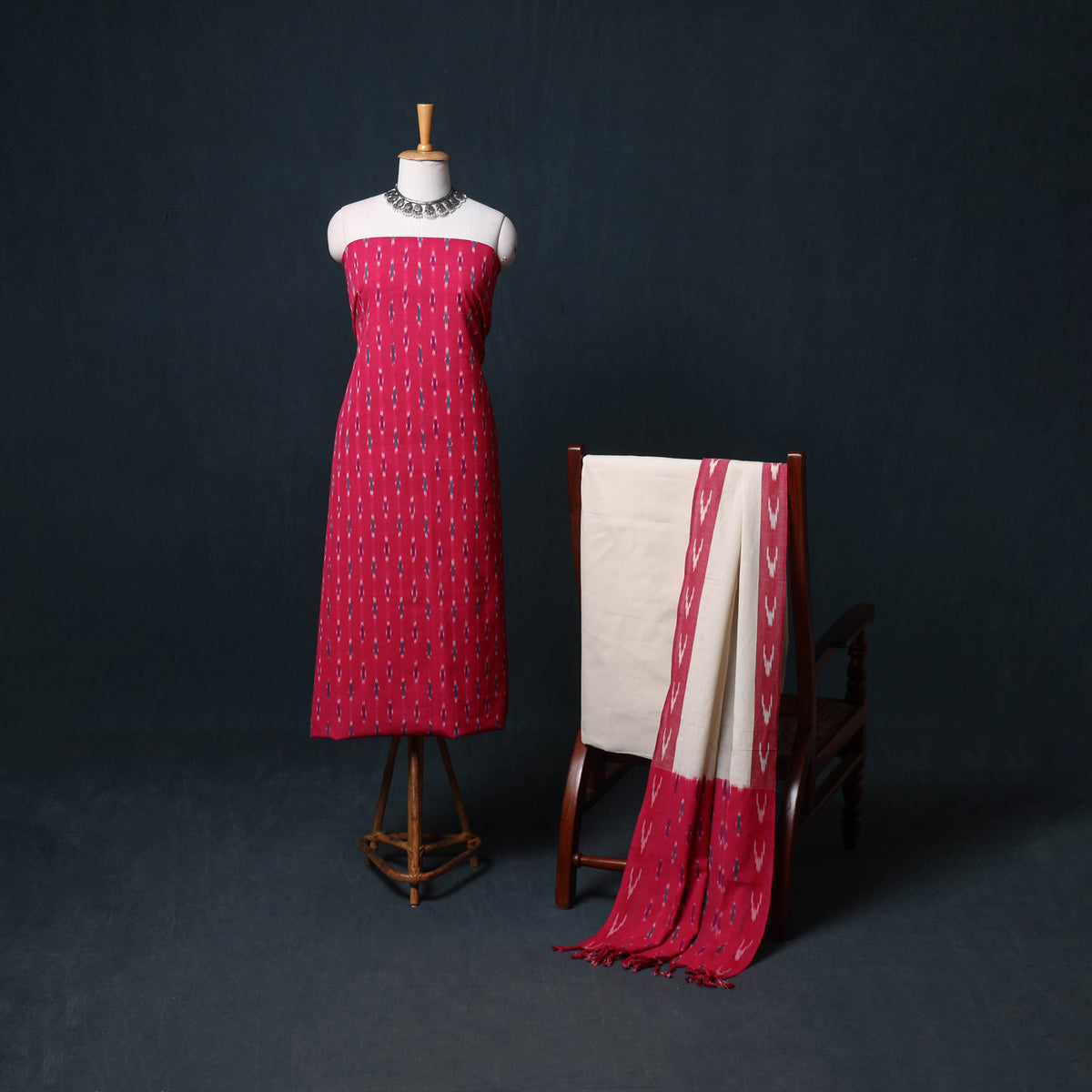 Pochampally Ikat Cotton Unstitched Dress Material: Kurta, Bottom with Dupatta 07