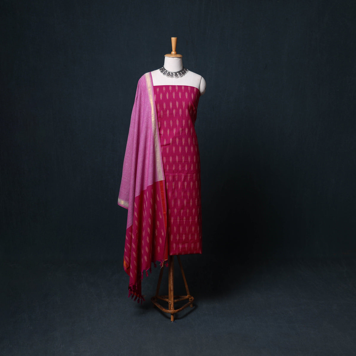 Pochampally Ikat Cotton Unstitched Dress Material: Kurta, Bottom with Dupatta 08