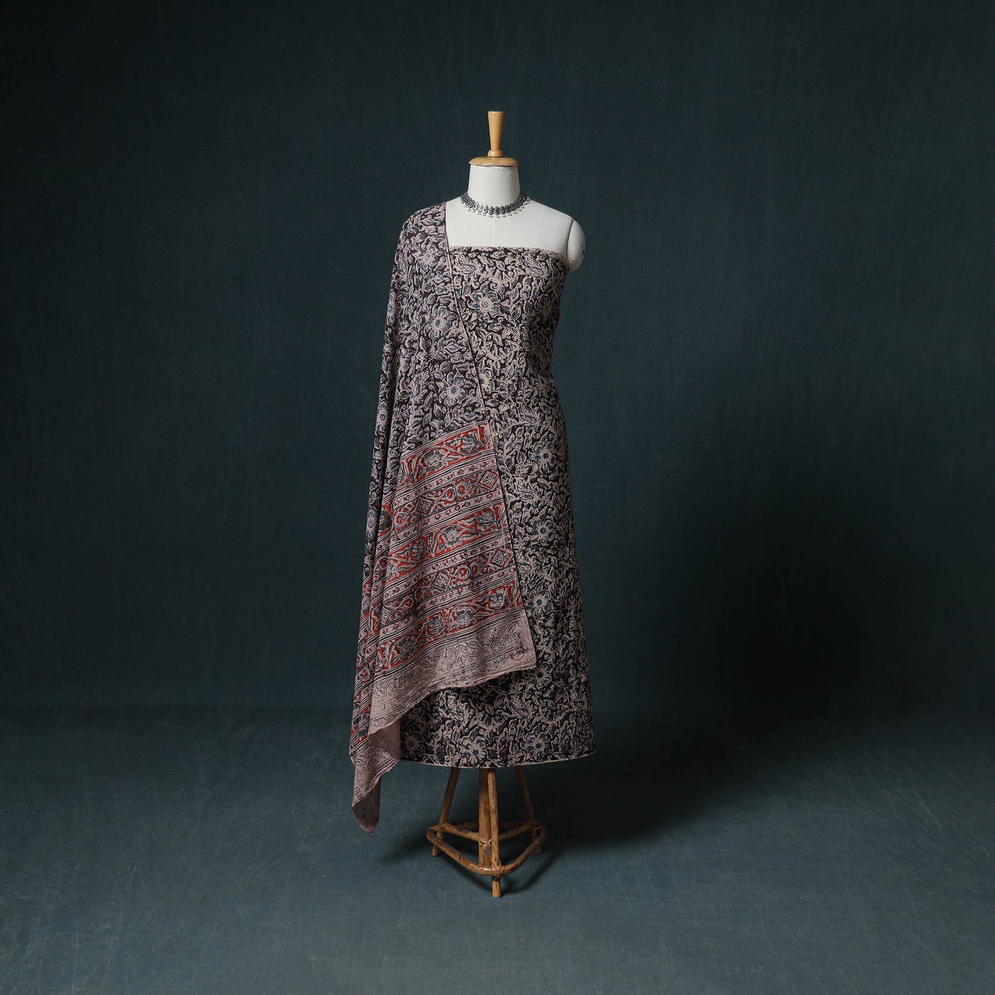 Pedana Hand Block Print Natural Dyed Cotton Kalamkari Unstitched Dress Material: Kurta with Dupatta 30