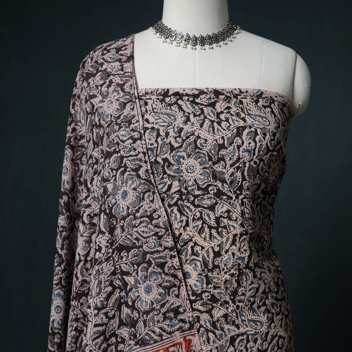 Pedana Hand Block Print Natural Dyed Cotton Kalamkari Unstitched Dress Material: Kurta with Dupatta 30