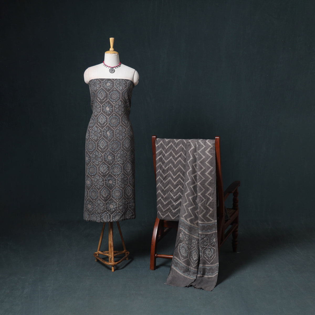 Akola Hand Block Print Woolen Unstitched Dress Material: Kurta, Bottom with Dupatta 28