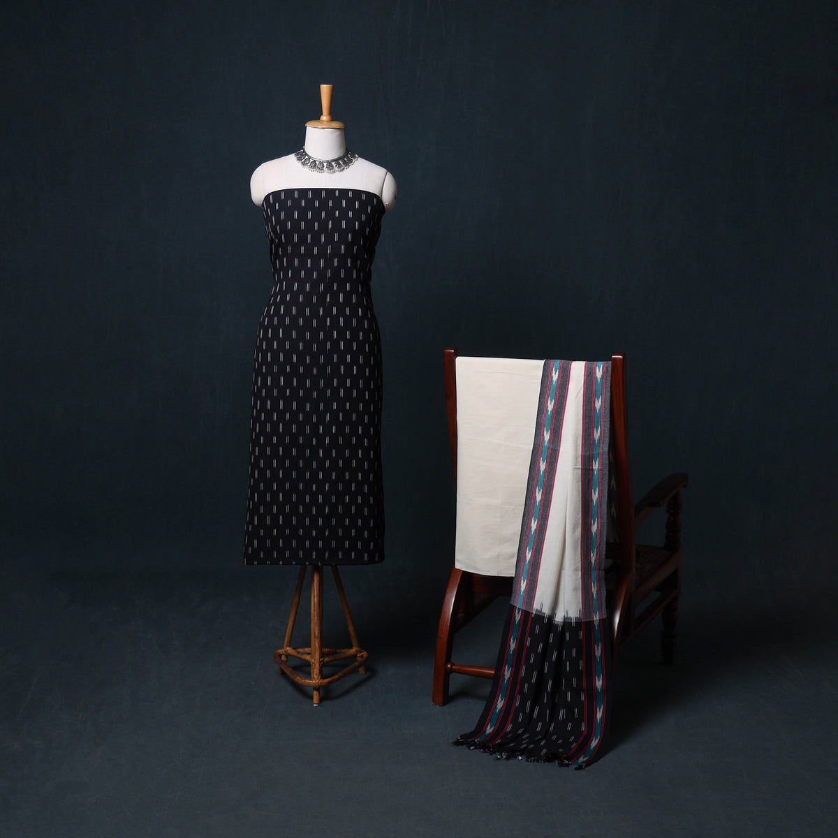 Pochampally Ikat Cotton Unstitched Dress Material: Kurta, Bottom with Dupatta 09