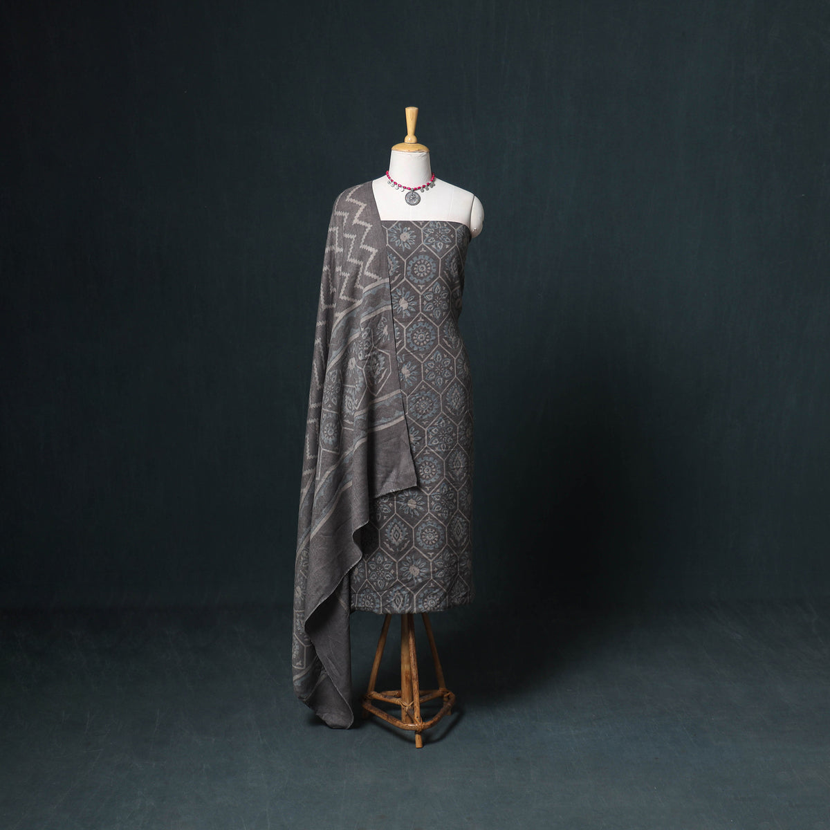Akola Hand Block Print Woolen Unstitched Dress Material: Kurta, Bottom with Dupatta 28