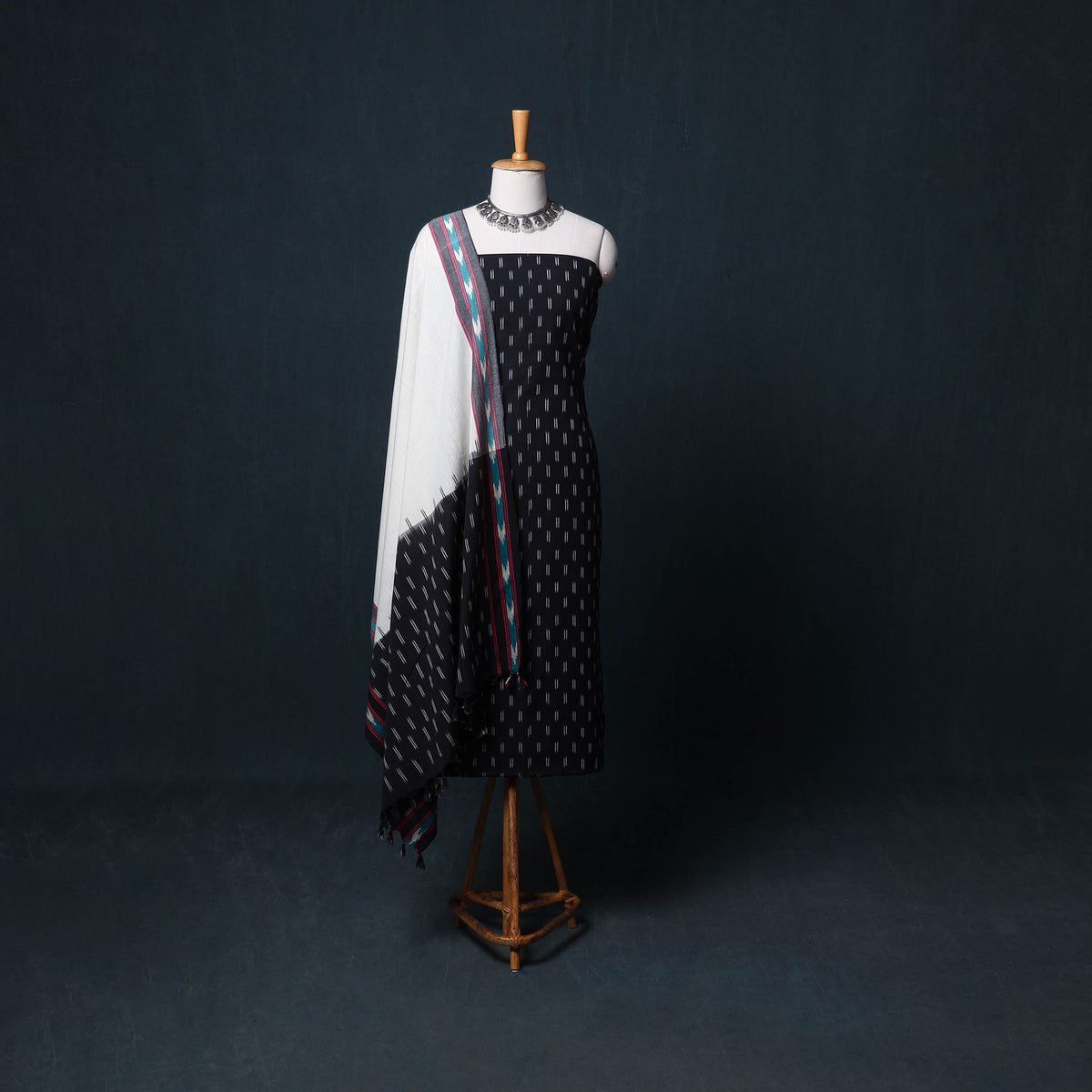 Pochampally Ikat Cotton Unstitched Dress Material: Kurta, Bottom with Dupatta 09
