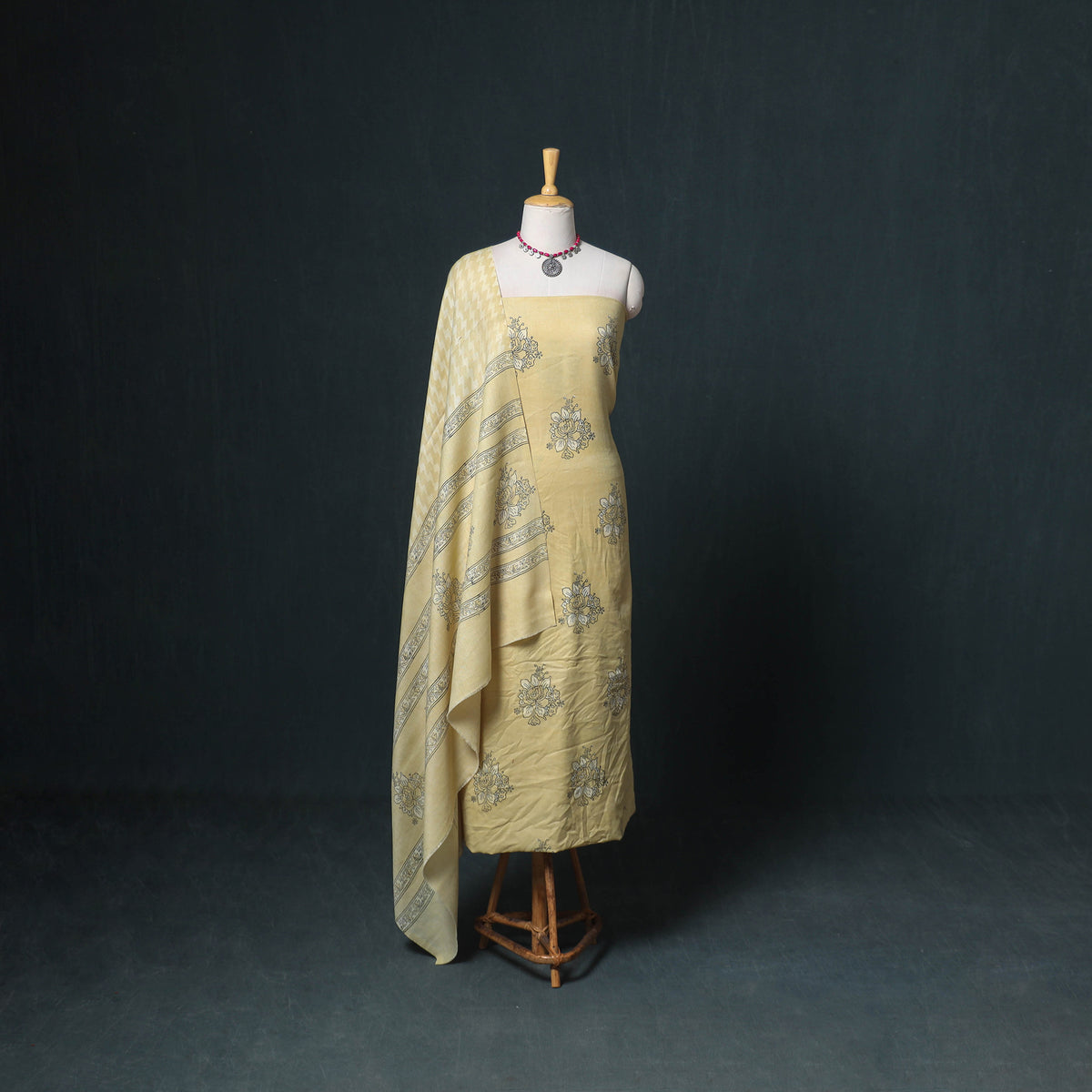 Akola Hand Block Print Woolen Unstitched Dress Material: Kurta, Bottom with Dupatta 12