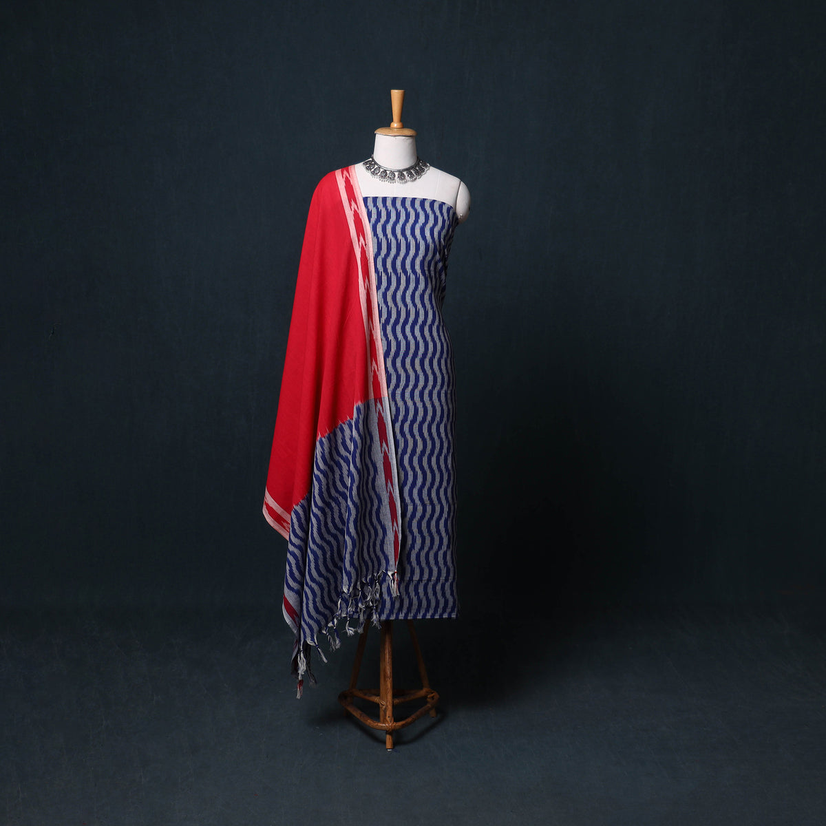 Pochampally Ikat Cotton Unstitched Dress Material: Kurta, Bottom with Dupatta  10