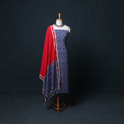 Pochampally Ikat Cotton Unstitched Dress Material: Kurta, Bottom with Dupatta  10