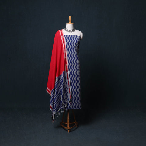 Pochampally Ikat Cotton Unstitched Dress Material: Kurta, Bottom with Dupatta  10