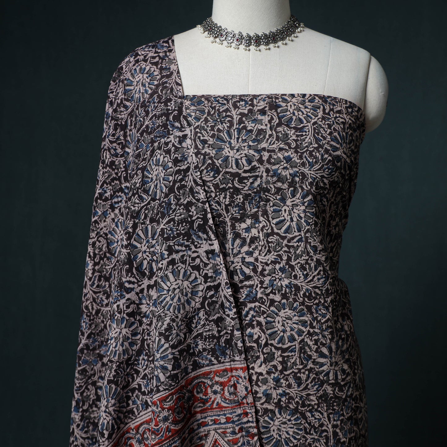 Pedana Hand Block Print Natural Dyed Cotton Kalamkari Unstitched Dress Material: Kurta with Dupatta 33