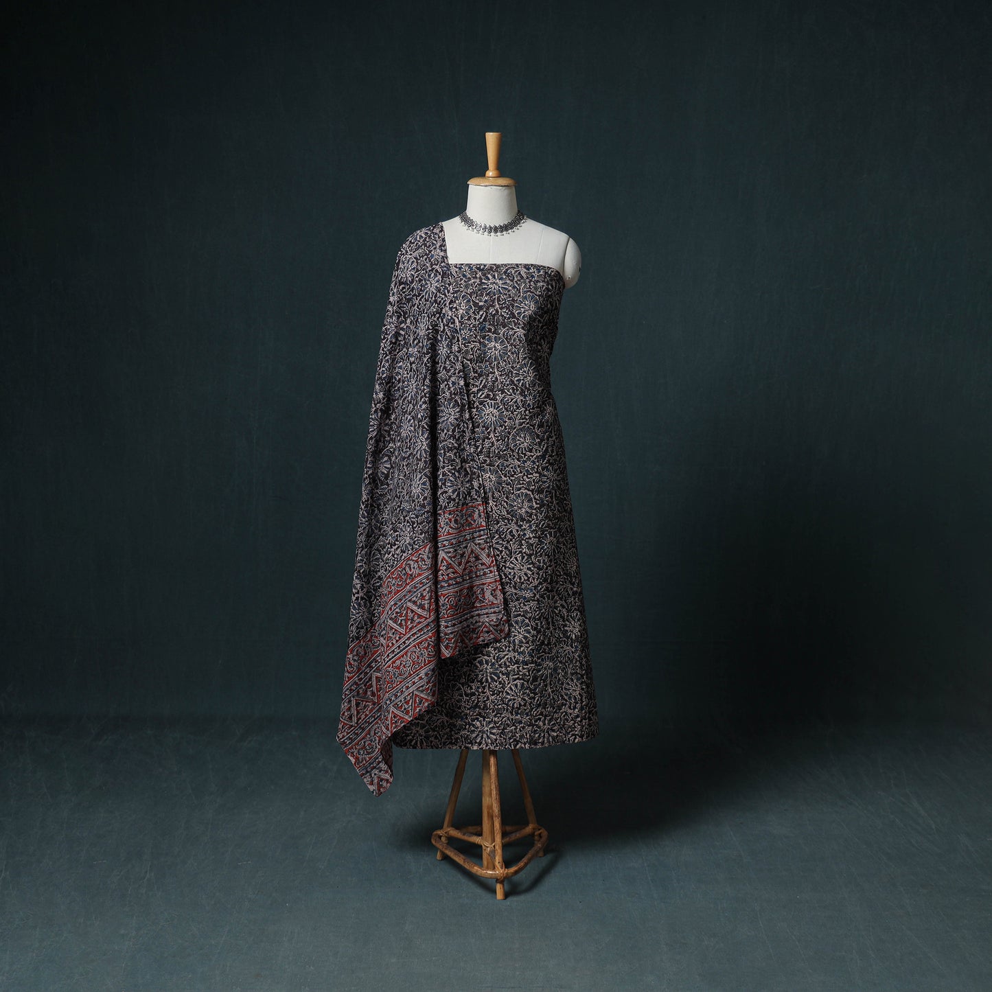 Pedana Hand Block Print Natural Dyed Cotton Kalamkari Unstitched Dress Material: Kurta with Dupatta 34