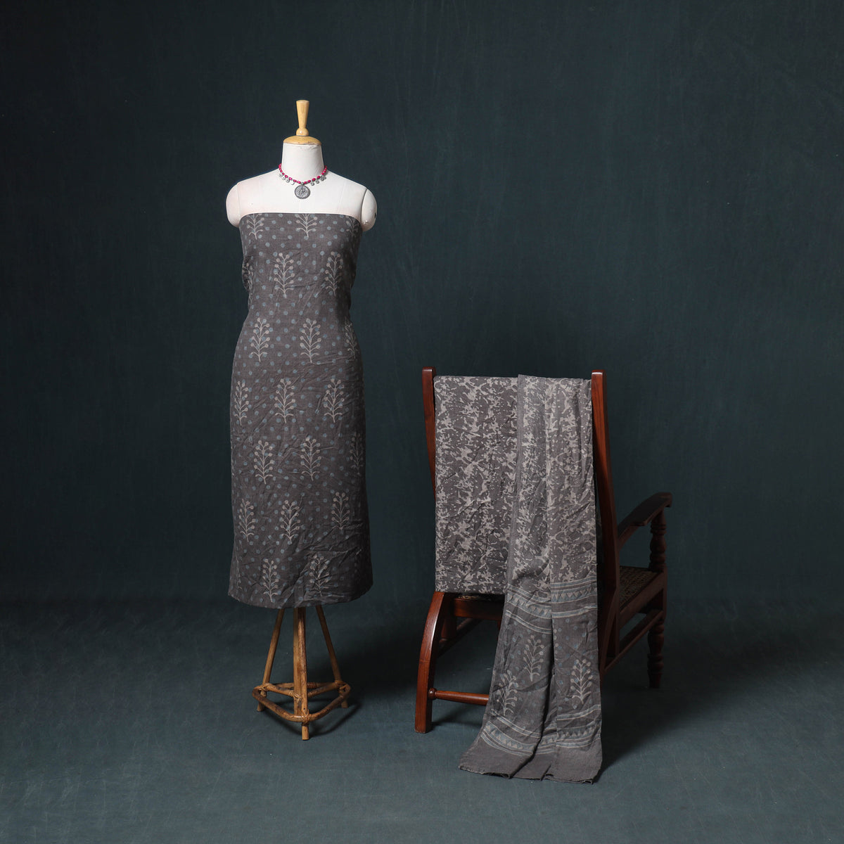 Akola Hand Block Print Woolen Unstitched Dress Material: Kurta, Bottom with Dupatta 31