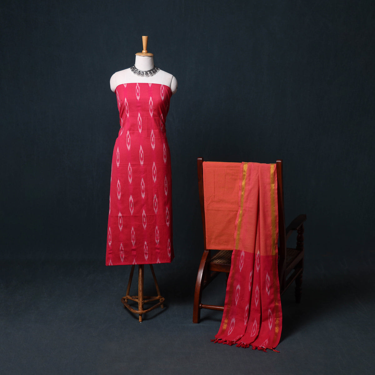 Pochampally Ikat Cotton Unstitched Dress Material: Kurta, Bottom with Dupatta  13
