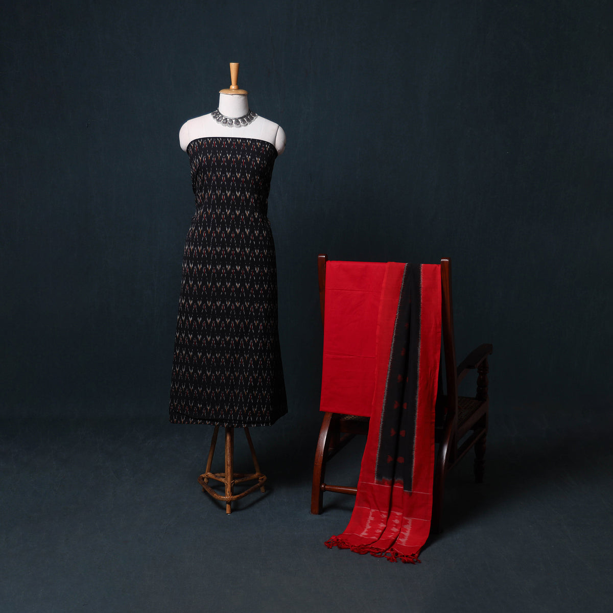 Pochampally Ikat Cotton Unstitched Dress Material: Kurta, Bottom with Dupatta  14