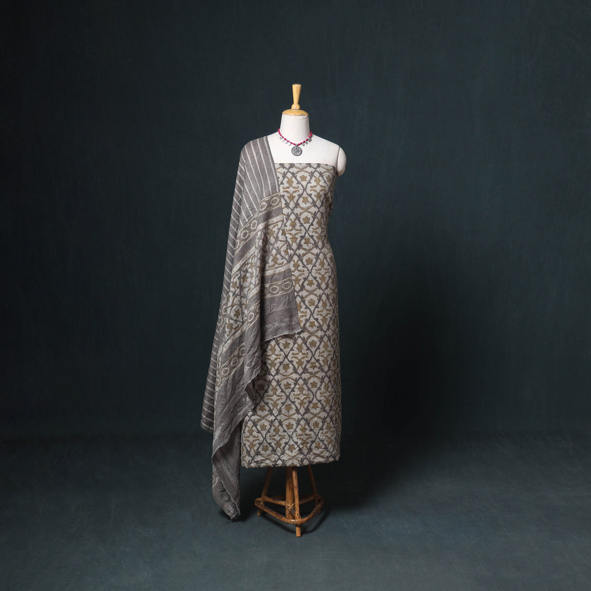 Akola Hand Block Print Woolen Unstitched Dress Material: Kurta, Bottom with Dupatta 33