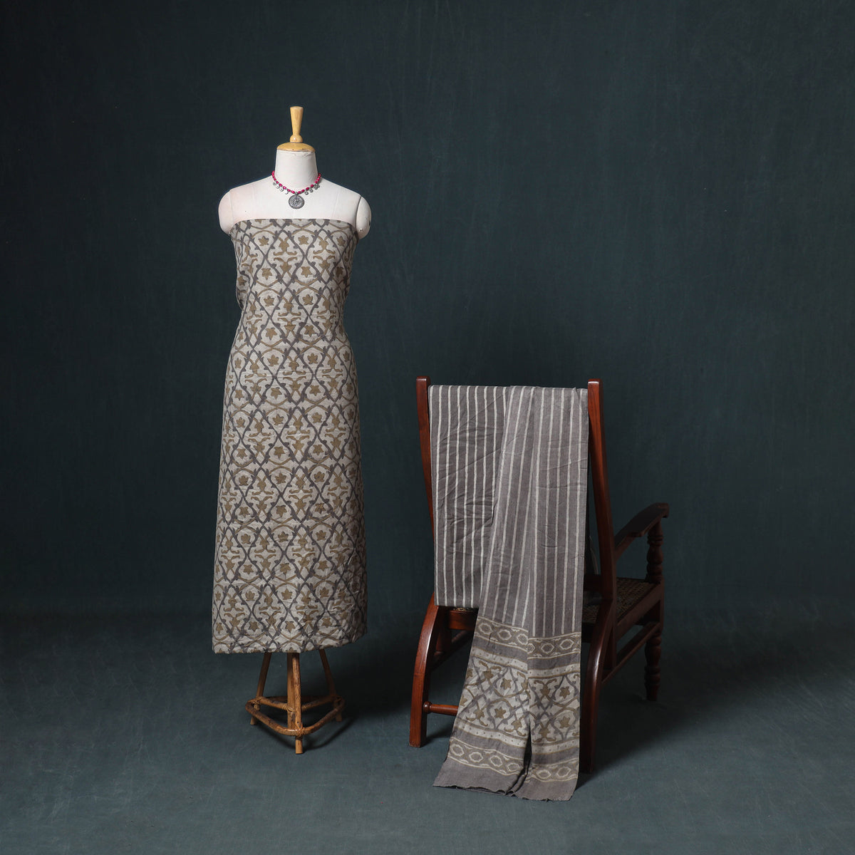 Akola Hand Block Print Woolen Unstitched Dress Material: Kurta, Bottom with Dupatta 33