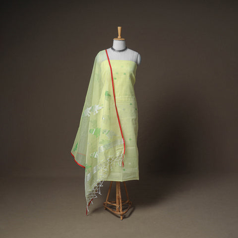 Green - Jamdani Pure Handloom Muslin Unstitched Dress Material: Kurta with Dupatta 02