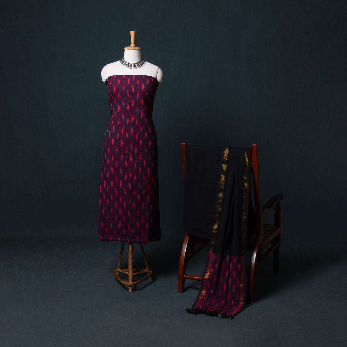 Pochampally Ikat Cotton Unstitched Dress Material: Kurta, Bottom with Dupatta  15