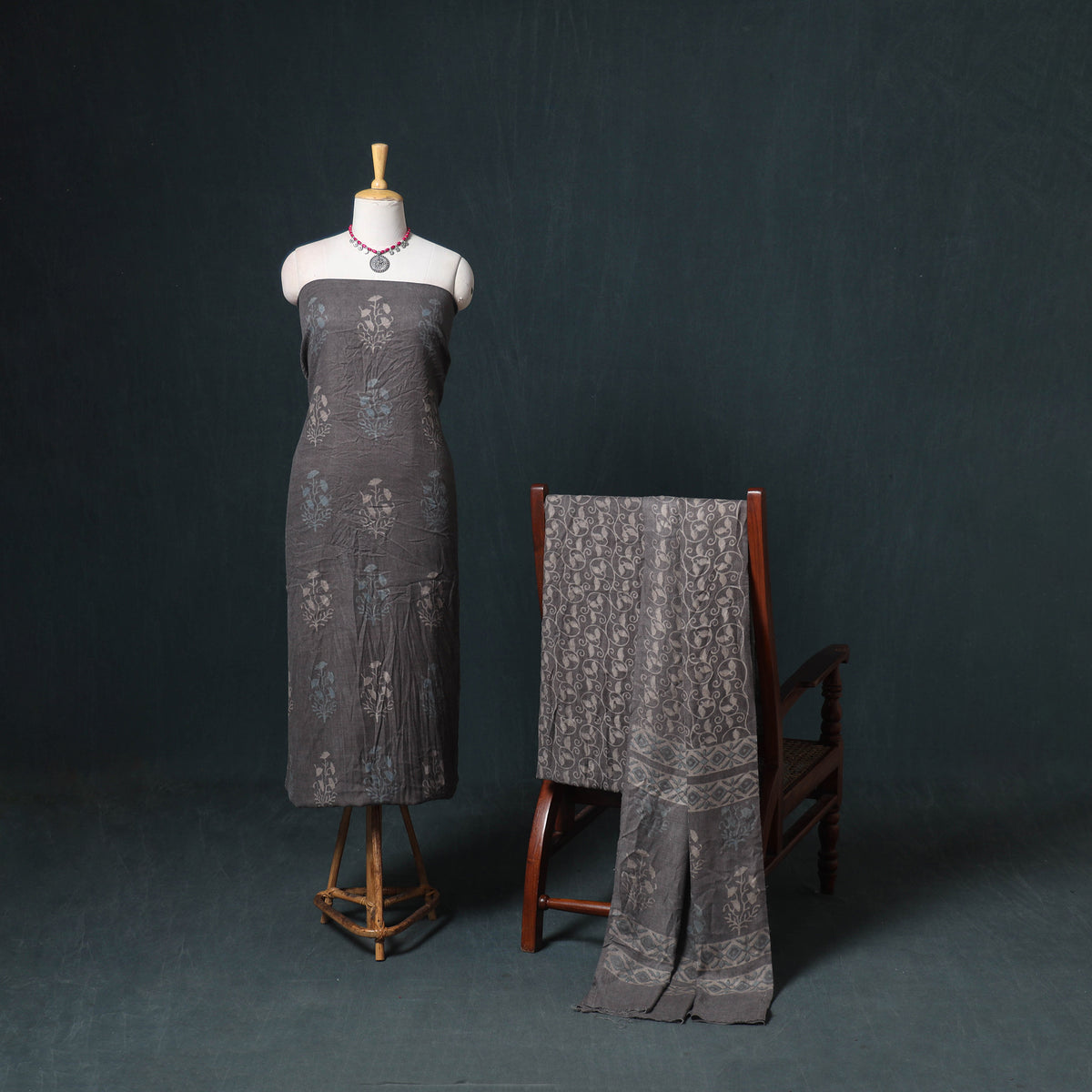 Akola Hand Block Print Woolen Unstitched Dress Material: Kurta, Bottom with Dupatta 34
