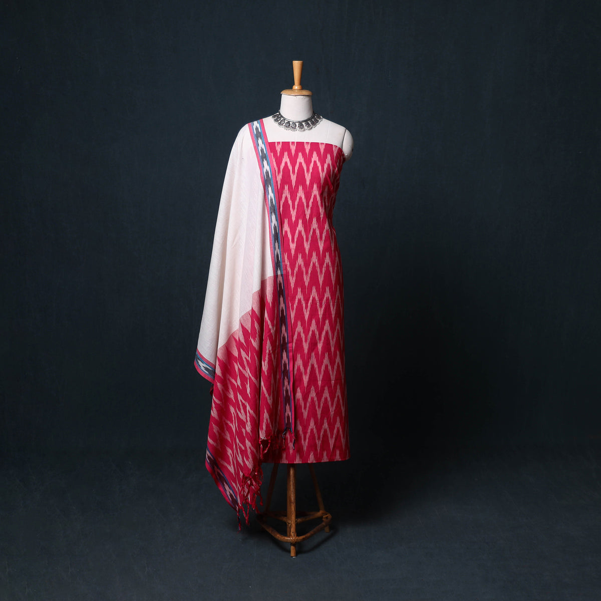 Pochampally Ikat Cotton Unstitched Dress Material: Kurta, Bottom with Dupatta  16