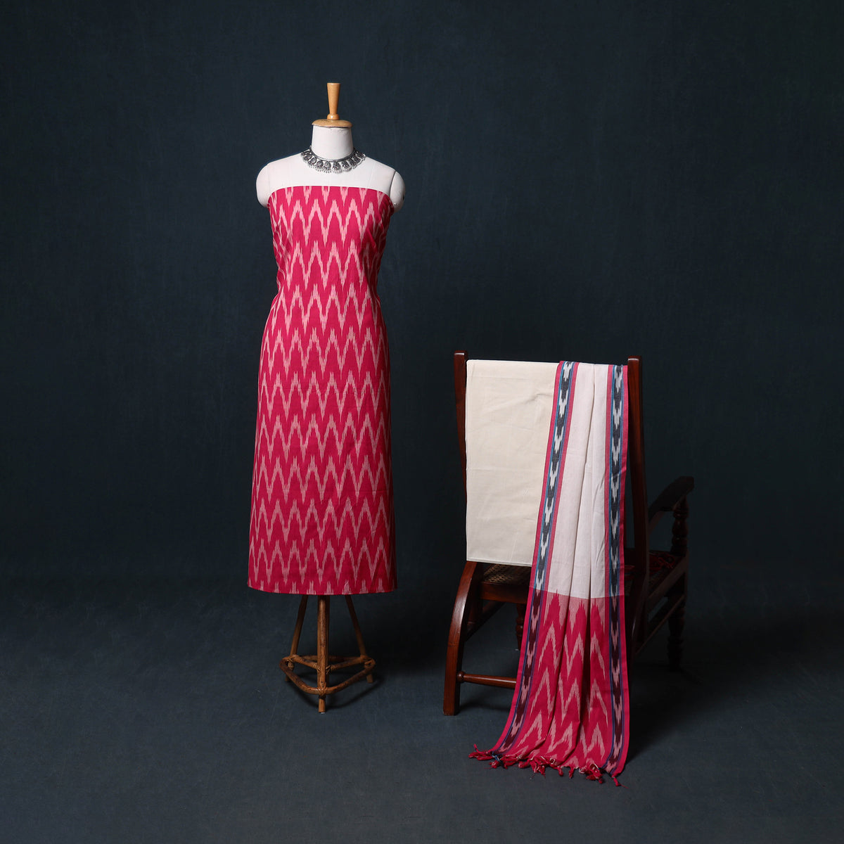Pochampally Ikat Cotton Unstitched Dress Material: Kurta, Bottom with Dupatta  16