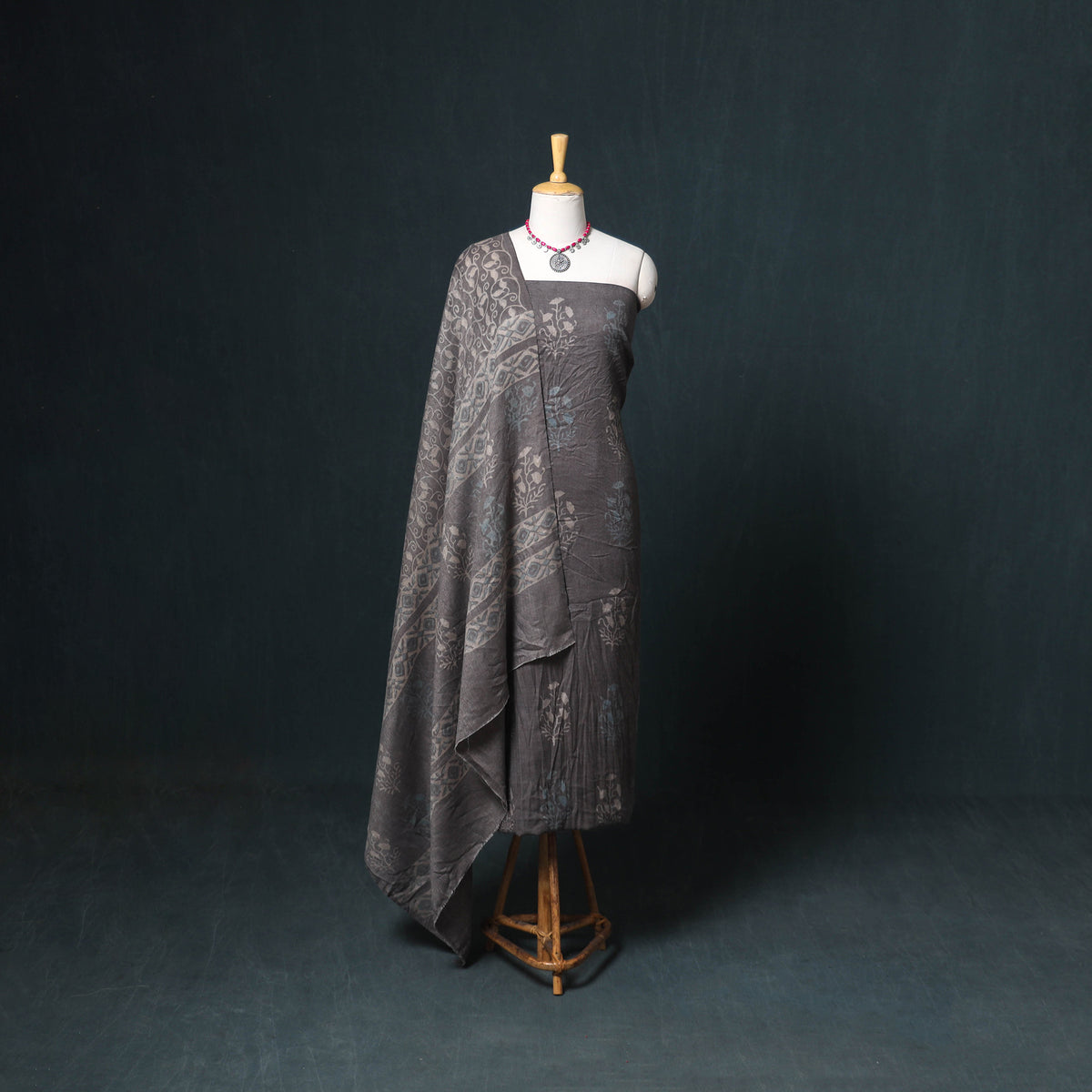 Akola Hand Block Print Woolen Unstitched Dress Material: Kurta, Bottom with Dupatta 34