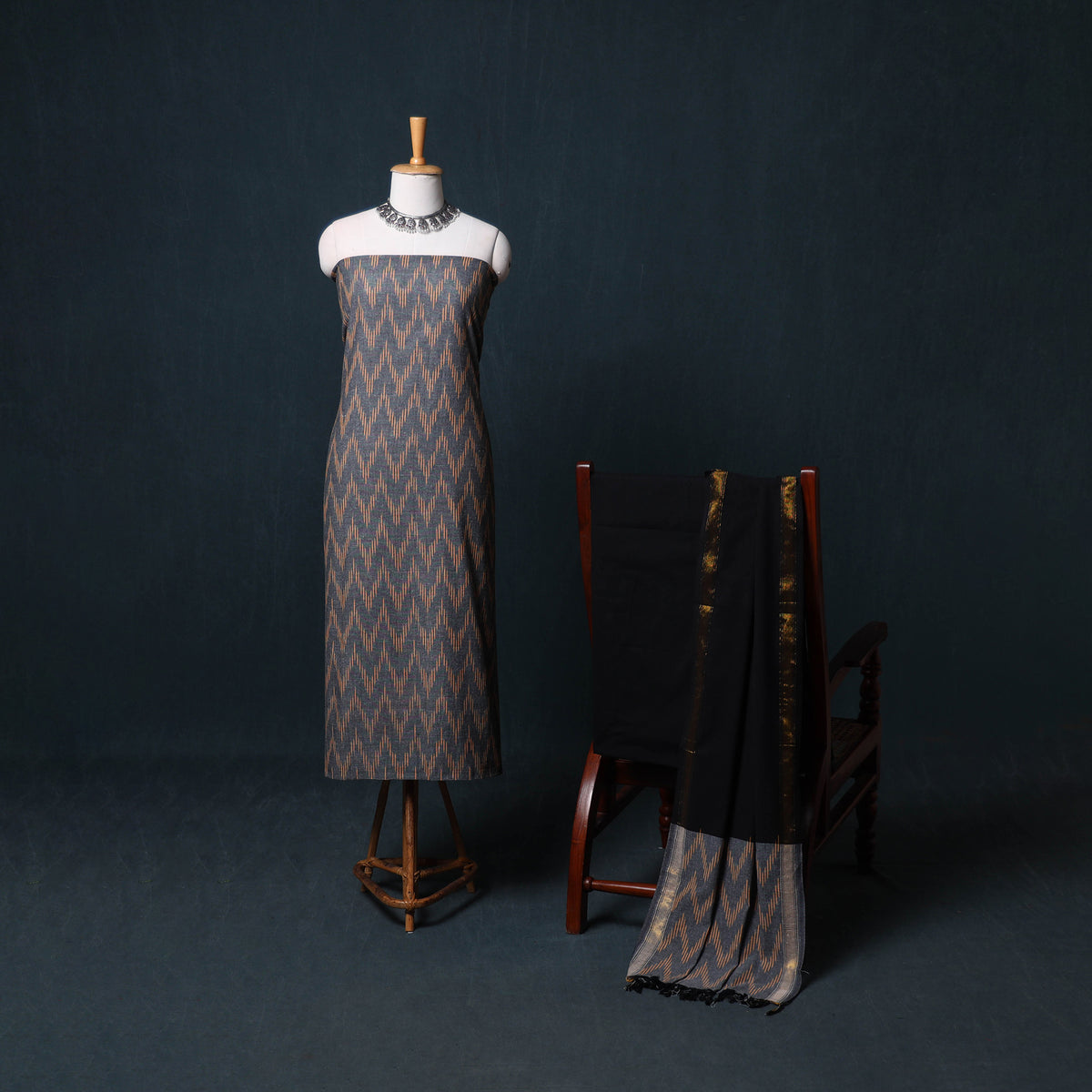 Pochampally Ikat Cotton Unstitched Dress Material: Kurta, Bottom with Dupatta  17