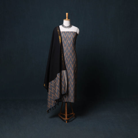 Pochampally Ikat Cotton Unstitched Dress Material: Kurta, Bottom with Dupatta  17