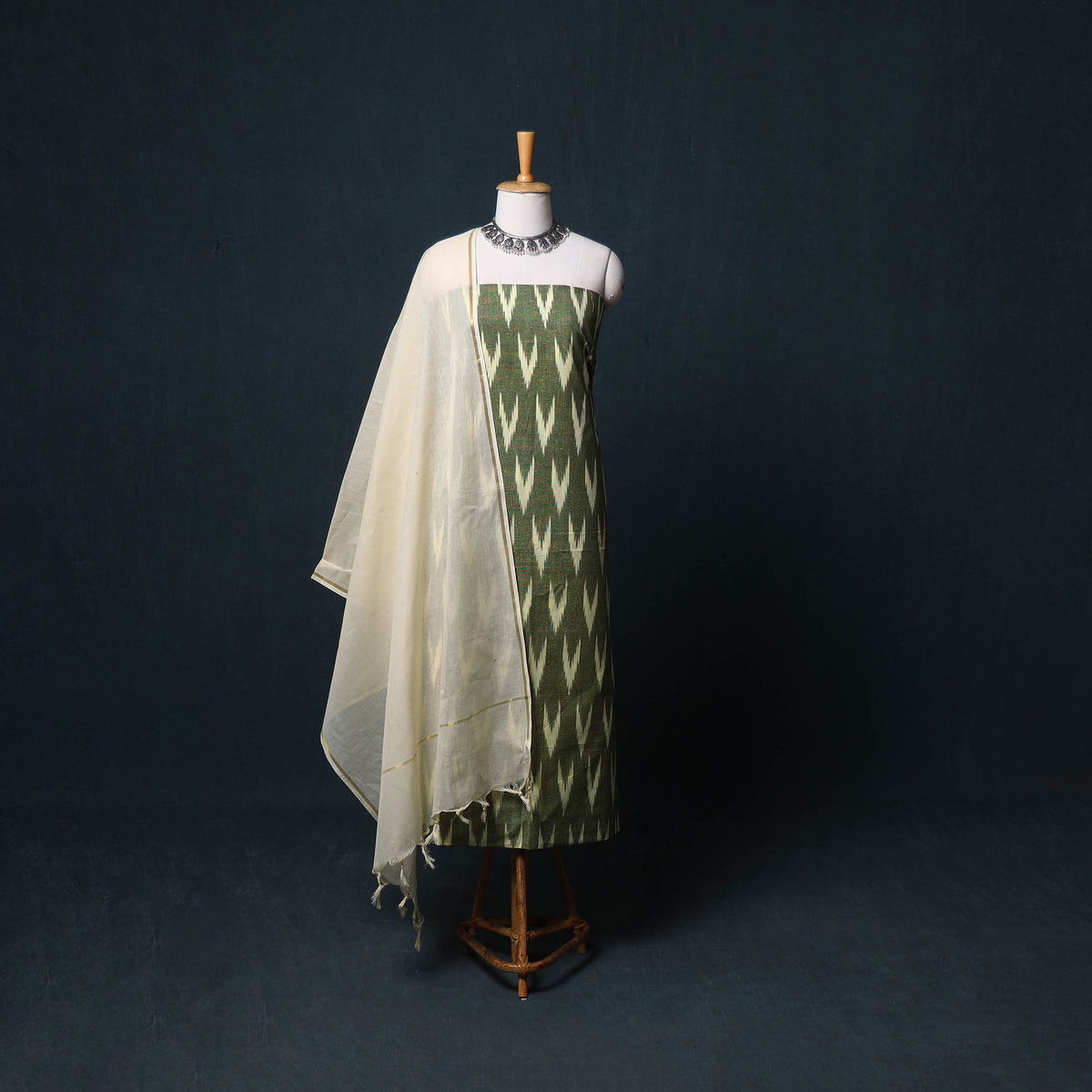 Pochampally Ikat Cotton Unstitched Dress Material: Kurta, Bottom with Dupatta  18