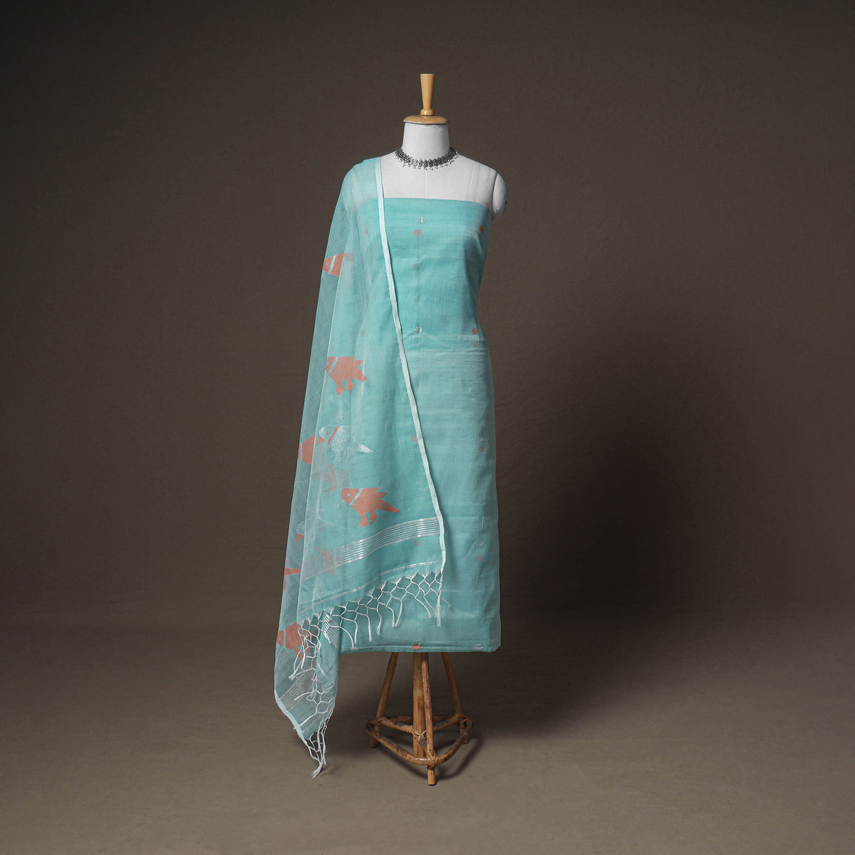 Jamdani Pure Handloom Muslin Unstitched Dress Material: Kurta with Dupatta 07