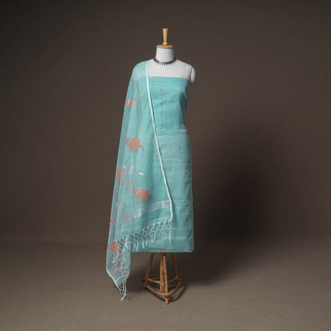 Green - Jamdani Pure Handloom Muslin Unstitched Dress Material: Kurta with Dupatta 07